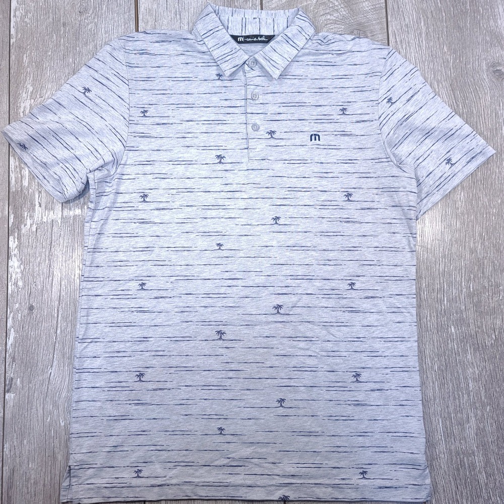 Travis Mathew Polo Shirt Mens Medium White Palm Tree Stripe Short Sleeve